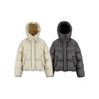 Women's Short Padded Crop Quilted Jacket with Volume Hood and Concealed Snap Placket Fashion Glam