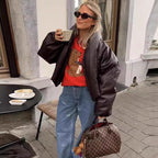 Women Oversized Faux Leather Blouson with Voluminous Stand Collar and Elastic Hem Fashion Glam