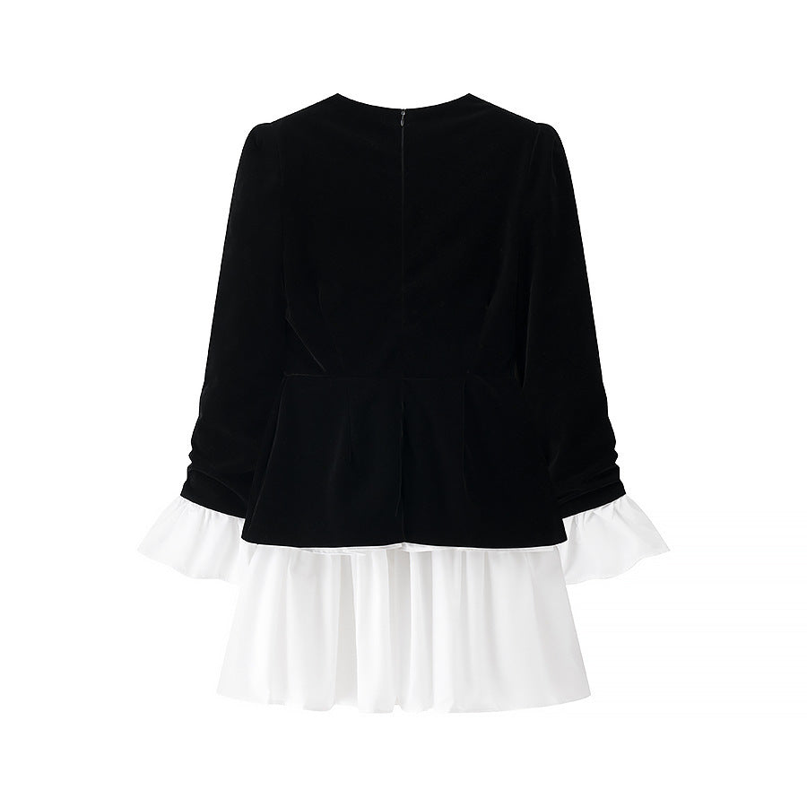 Women’s velvet dress with fitted bodice, puff sleeves, and layered ruffle skirt Fashion Glam