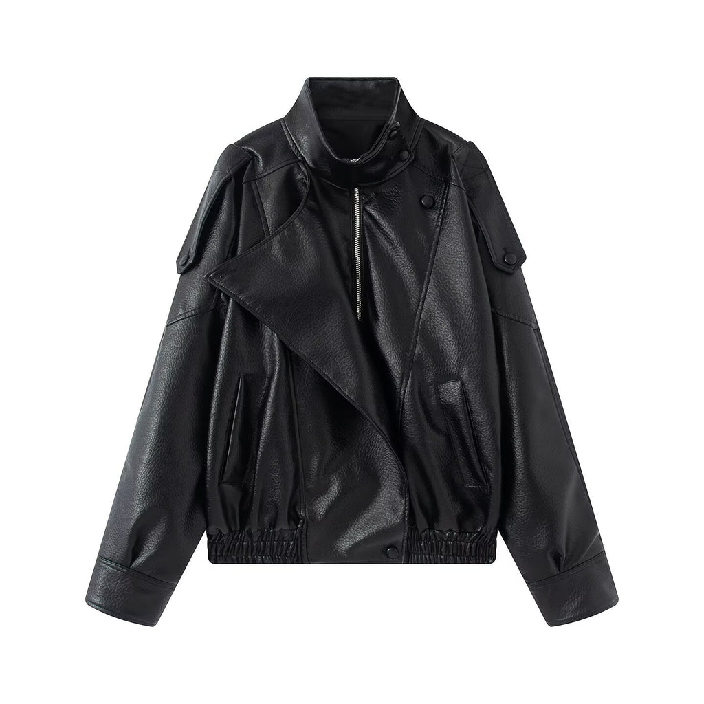 Women Oversized Faux Leather Biker Jacket with Asymmetric Lapel, Stand Collar, and Waist Drawstring Fashion Glam
