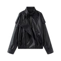 Women Oversized Faux Leather Biker Jacket with Asymmetric Lapel, Stand Collar, and Waist Drawstring Fashion Glam