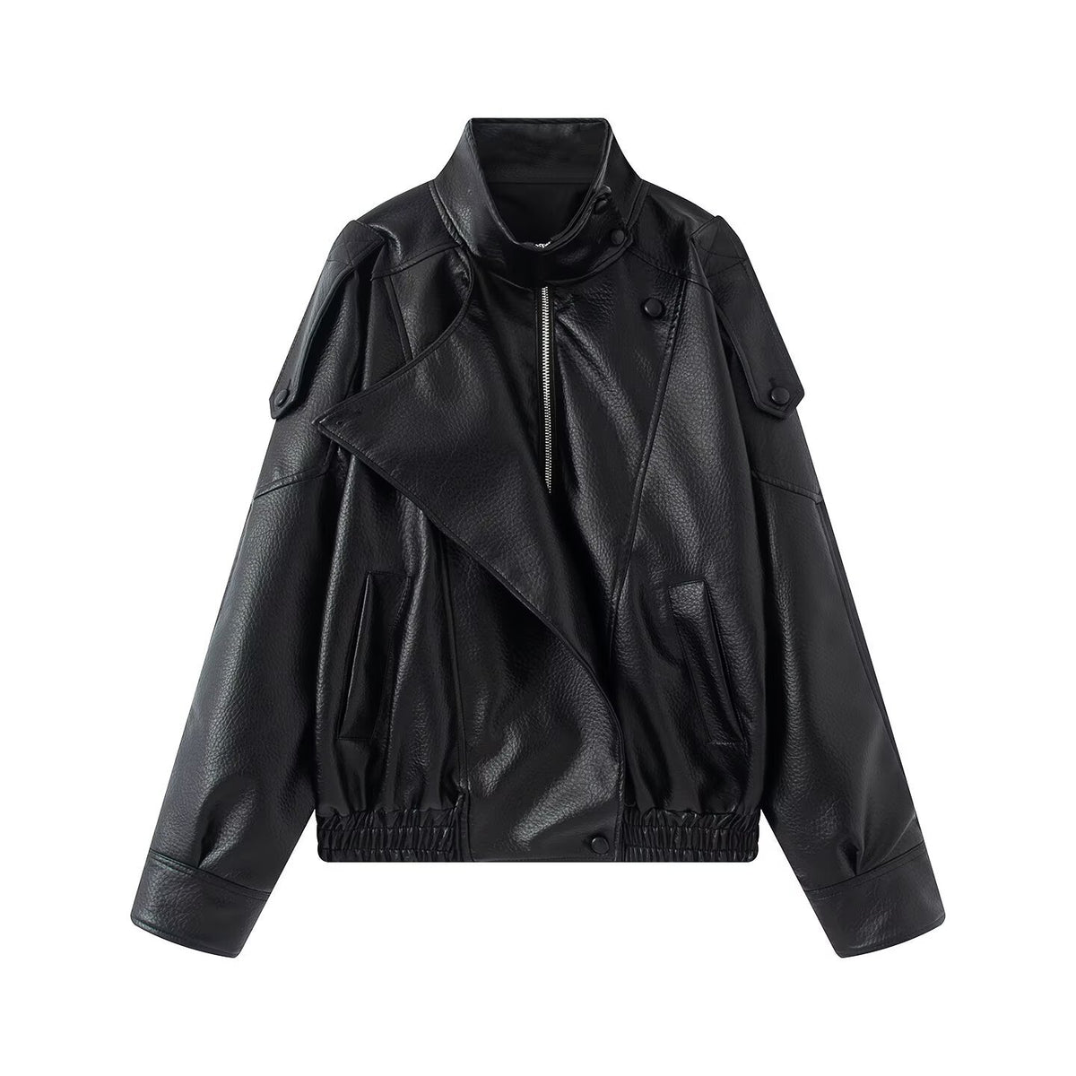 Women Oversized Faux Leather Biker Jacket with Asymmetric Lapel, Stand Collar, and Waist Drawstring Fashion Glam