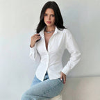 Women's Tailored Striped Shirt Blouse with Lapel Collar and Shaping Waist Fashion Glam
