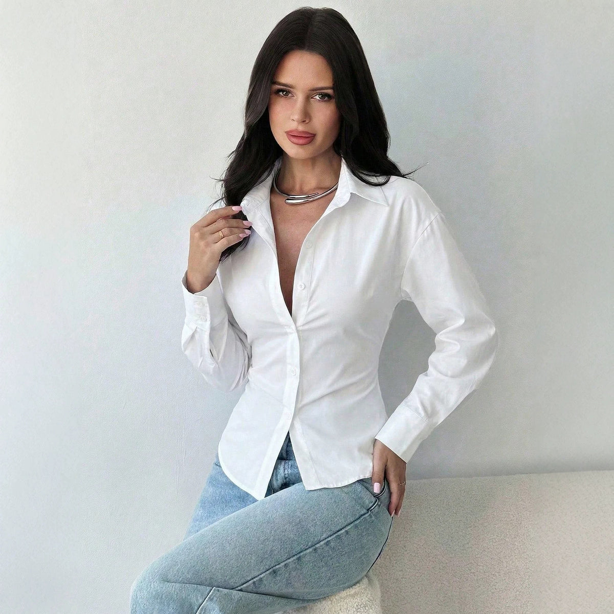 Women's Tailored Striped Shirt Blouse with Lapel Collar and Shaping Waist Fashion Glam