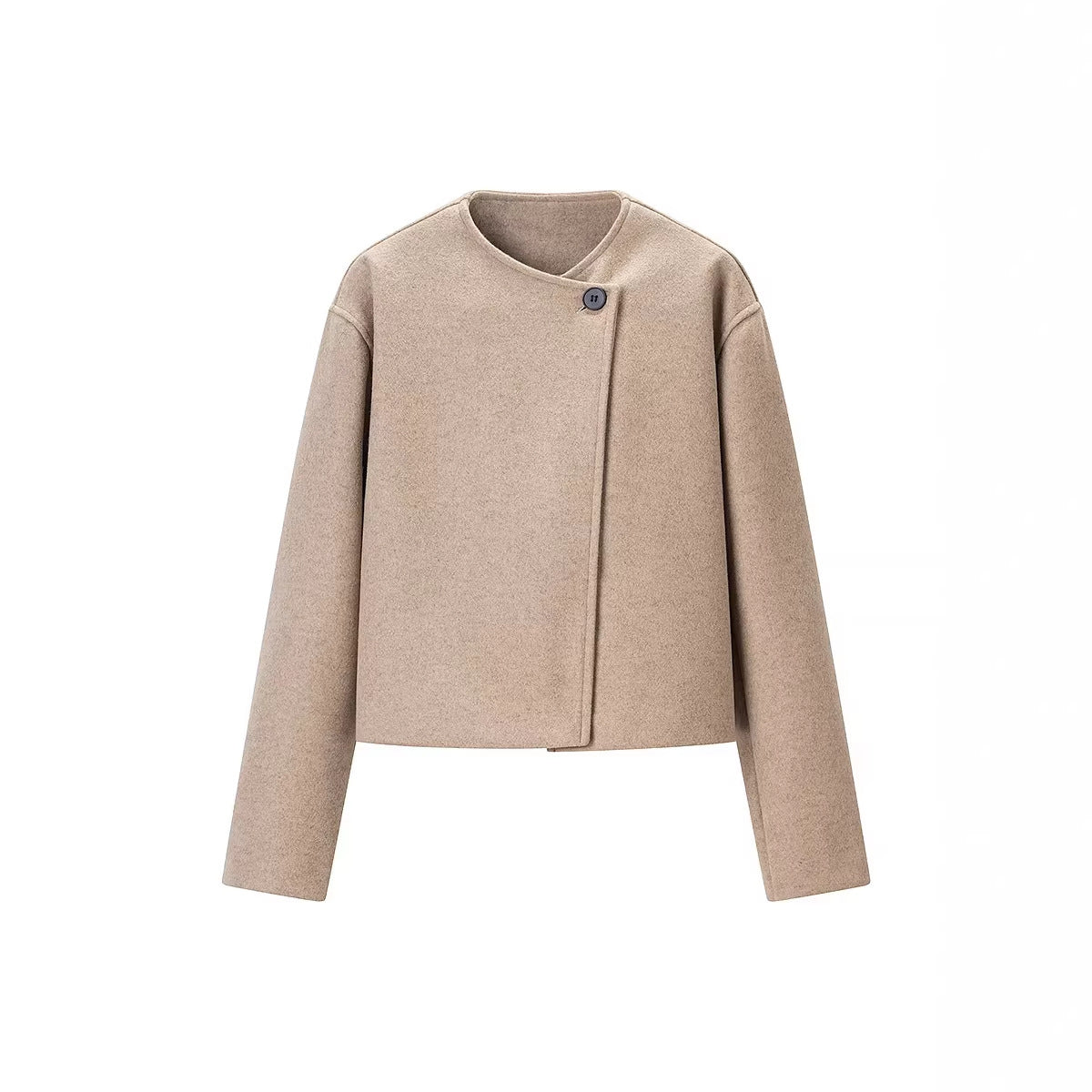 Women short-cut wool blend jacket with asymmetric button closure Fashion Glam