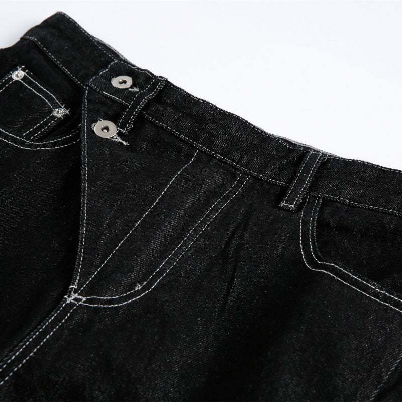 Women's Wide High-Waist Denim Jeans with Asymmetric Button Placket and Contrast Stitching Fashion Glam