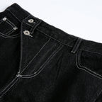 Women's Wide High-Waist Denim Jeans with Asymmetric Button Placket and Contrast Stitching Fashion Glam