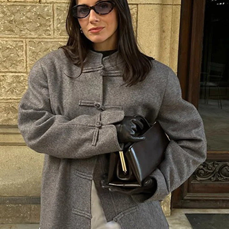 Women's Oversize Wool Blend Jacket with Mandarin Collar and Toggle Closures Fashion Glam