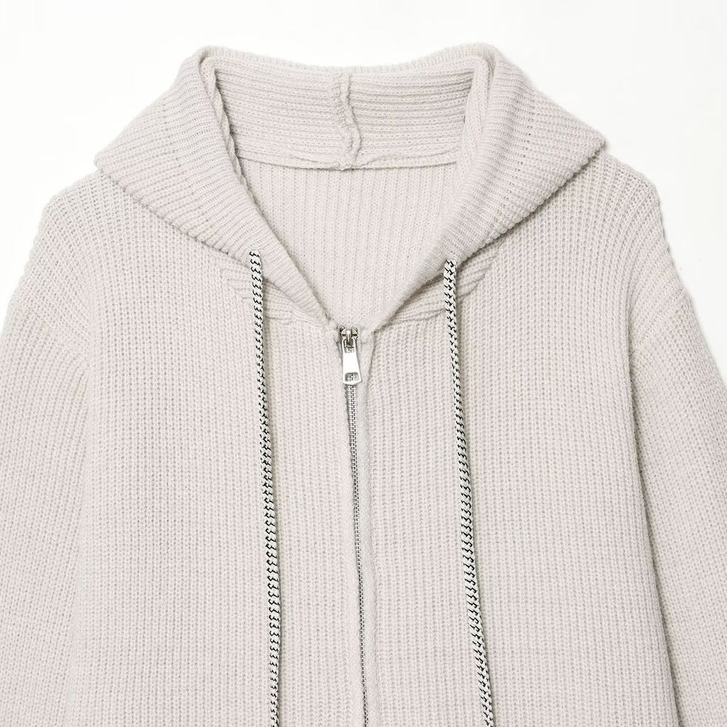 Women's chunky knit hooded jacket with zipper and drawstring Fashion Glam
