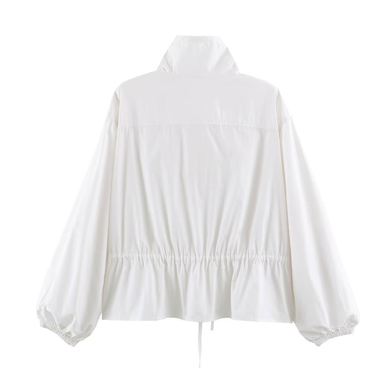 Women's lightweight adjustable windbreaker with stand-up collar, drawstring, and balloon sleeves Fashion Glam