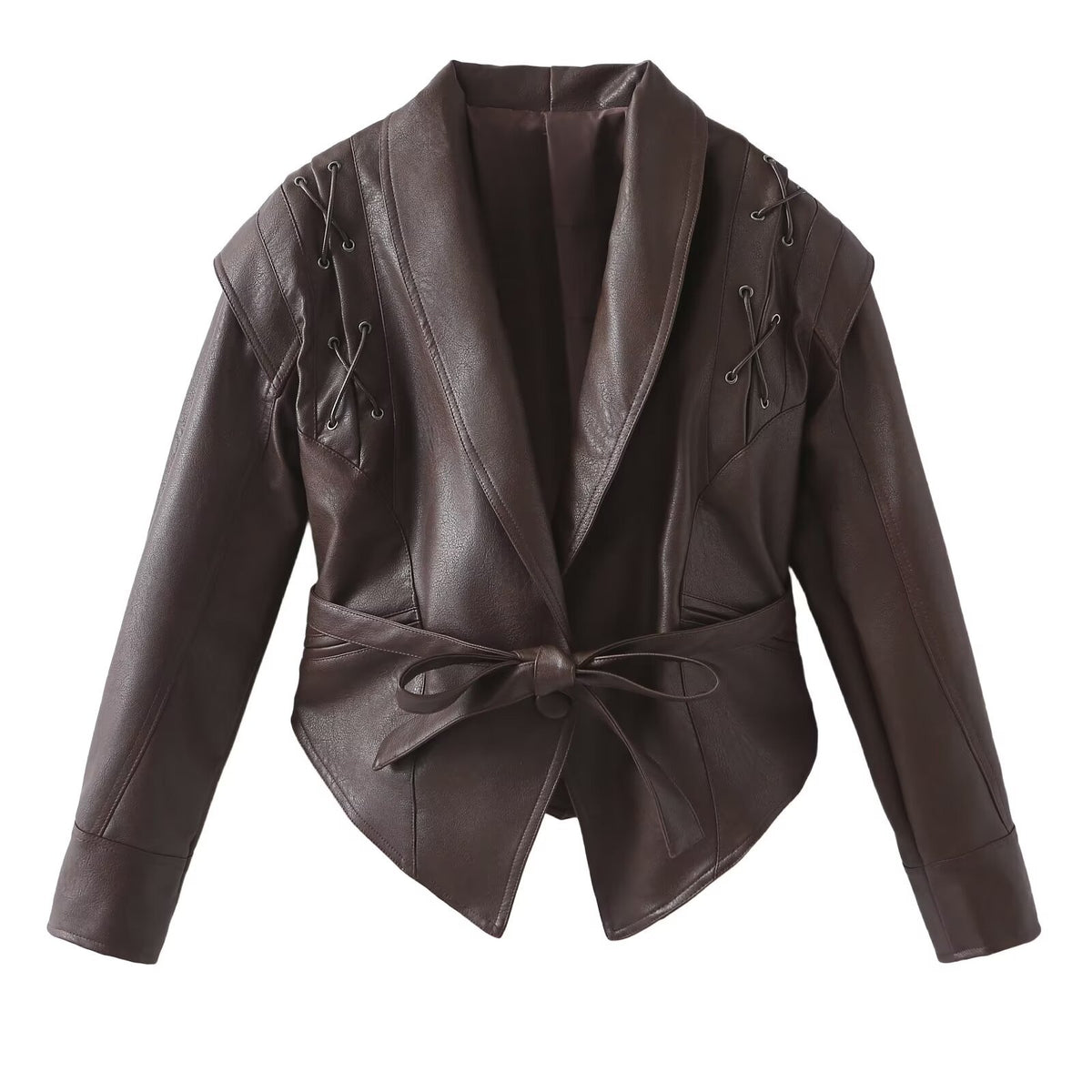 Women's short jacket in suede look with shawl collar, lacing details and waist belt Fashion Glam
