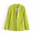 Women Tailored Blazer without Lapels with Open Front and Welt Pockets Fashion Glam