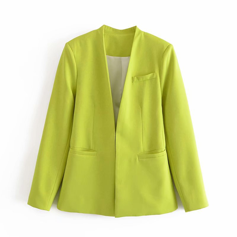 Women Tailored Blazer without Lapels with Open Front and Welt Pockets Fashion Glam
