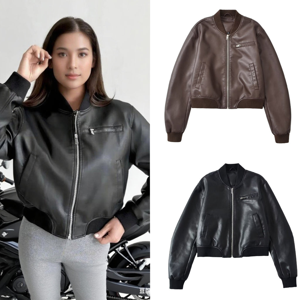Women Short Leather Look Bomber Jacket with Ribbed Cuffs and Chest Zipper Pocket Fashion Glam
