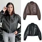 Women Short Leather Look Bomber Jacket with Ribbed Cuffs and Chest Zipper Pocket Fashion Glam