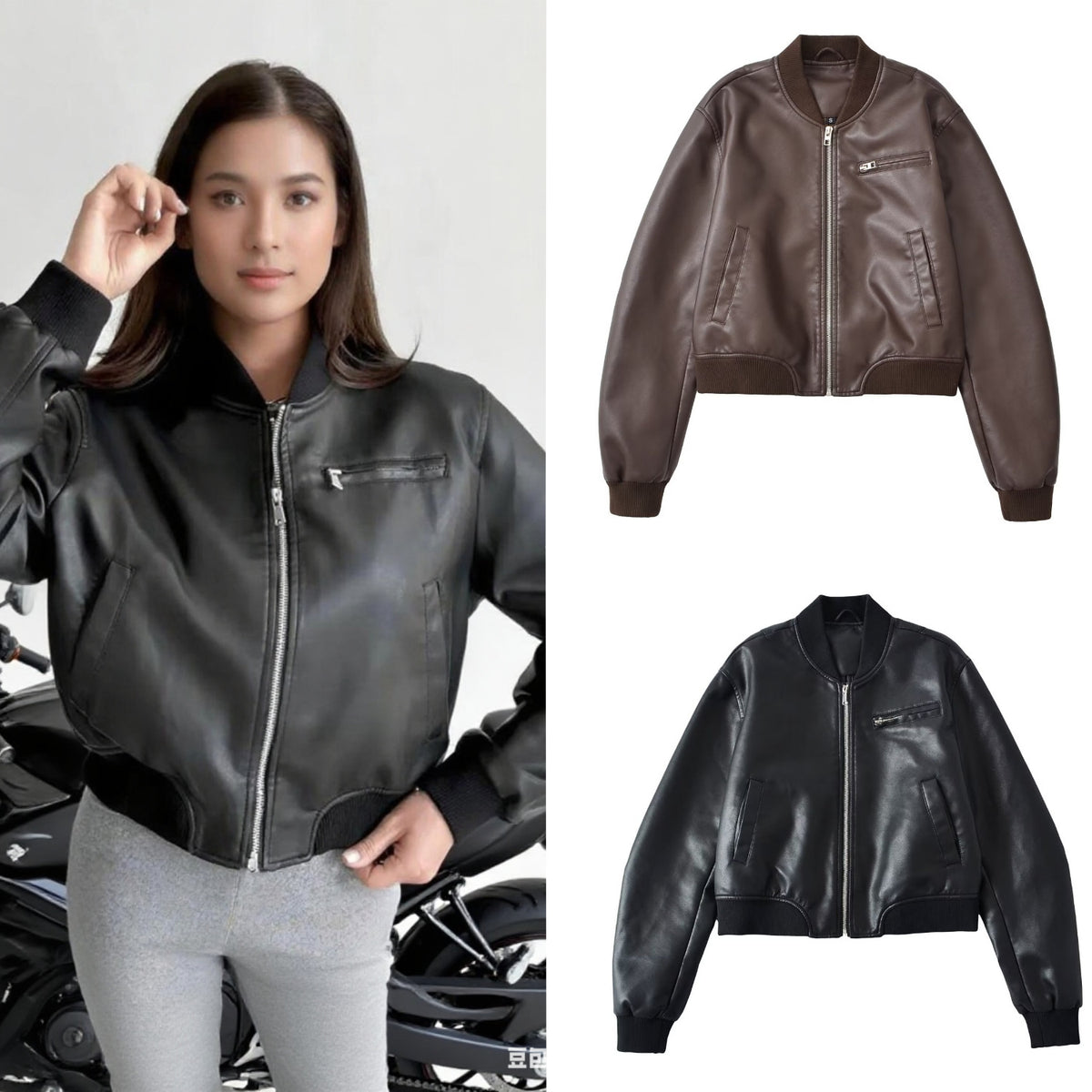 Women Short Leather Look Bomber Jacket with Ribbed Cuffs and Chest Zipper Pocket Fashion Glam