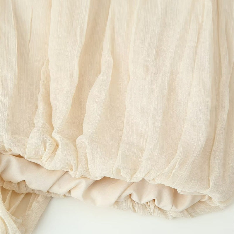Women Transparent Pleated Chiffon Blouse with Neck Scarf Bow and Asymmetric Hem Fashion Glam