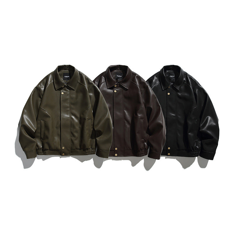 Men's Boxy Faux Leather Bomber Jacket with Concealed Snap Placket, Elastic Hem, and Patch Pockets Fashion Glam