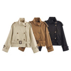 Women's Short Double-Breasted Trench Blouson with High Stand Collar, Shoulder Tabs, and Waist Belt Fashion Glam