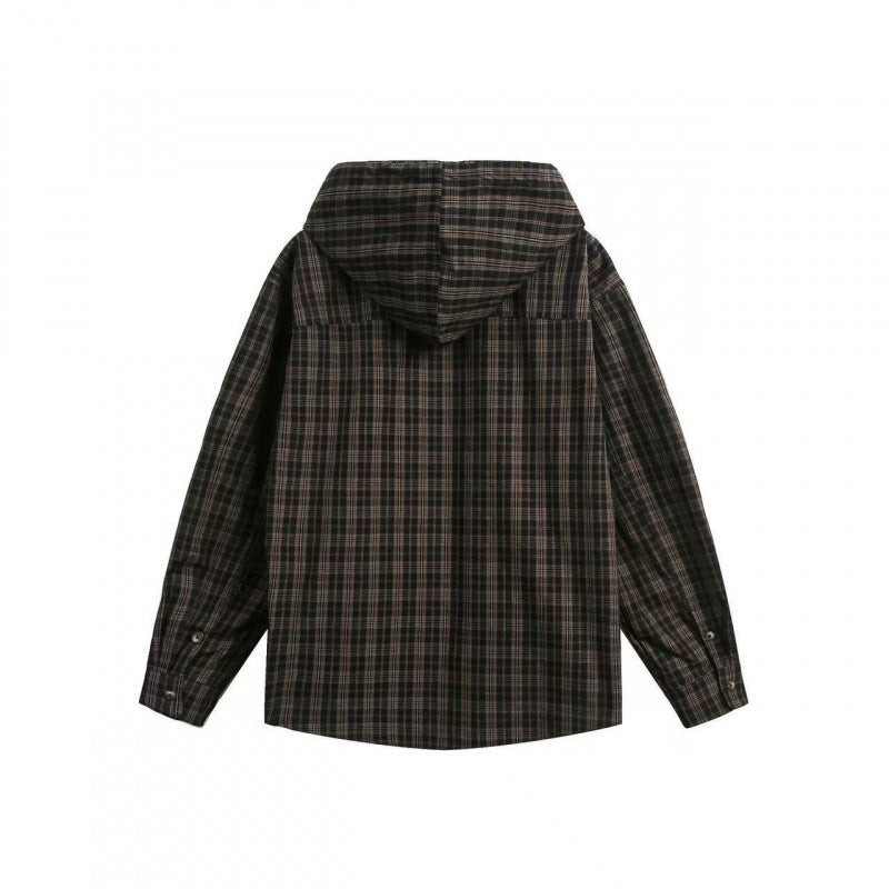 Unisex wide checkered hooded shirt jacket made of cotton flannel with patch breast pocket Fashion Glam