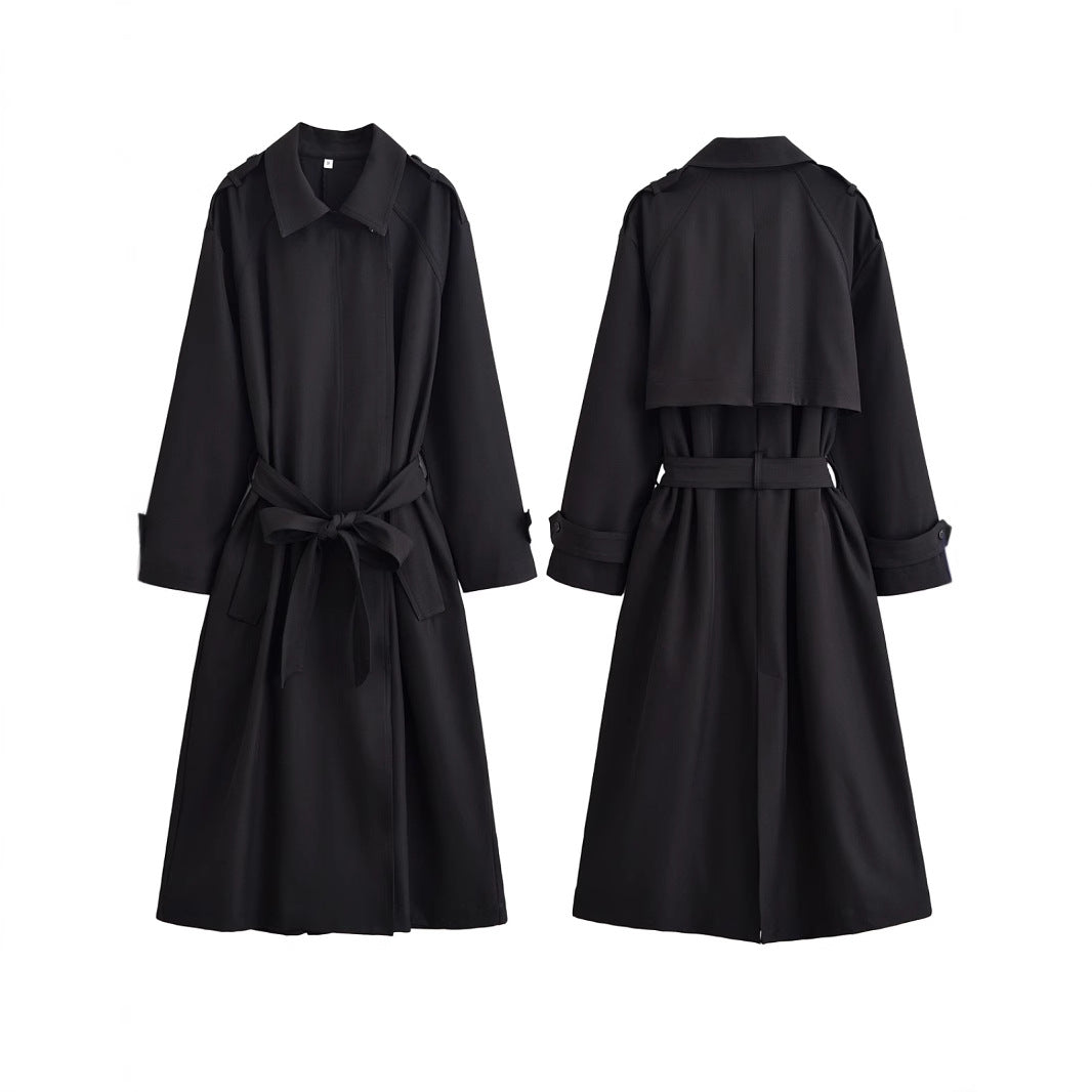 Ladies longer waist-adjustable trench coat with tie belt and epaulettes Fashion Glam