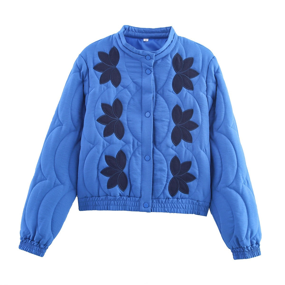 Women's Short Cut Quilted Jacket with Flower Applique and Stand-Up Collar Fashion Glam