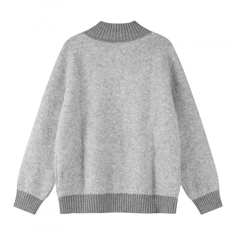 Unisex Boxy knit sweater with Henley button placket and raised ribbed collar Fashion Glam