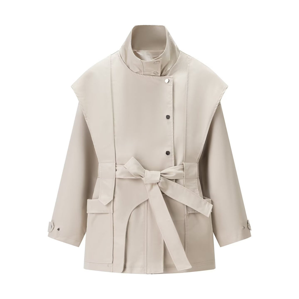 Women's Short Cape Trench with Stand Collar, Waist Belt, and Patch Pockets Fashion Glam