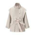 Women's Short Cape Trench with Stand Collar, Waist Belt, and Patch Pockets Fashion Glam
