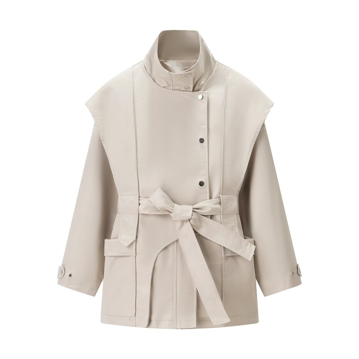 Women's Short Cape Trench with Stand Collar, Waist Belt, and Patch Pockets Fashion Glam