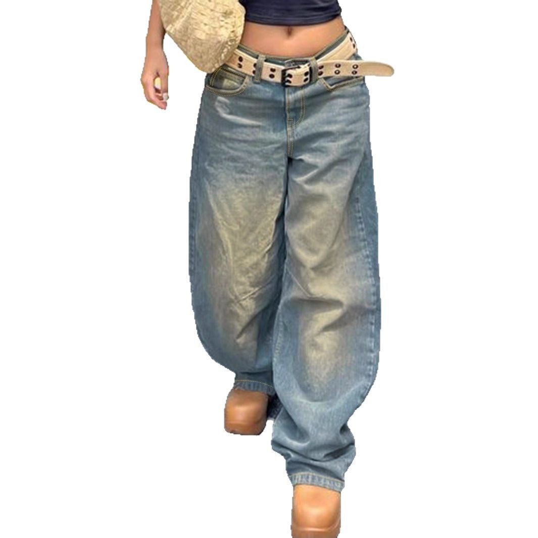 Women's vintage-inspired baggy jeans with a low rise, wide leg, and distressed wash Fashion Glam