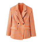 Women's double-breasted blazer with vertical stripe pattern and frayed lapel Fashion Glam