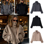 Women Short Wool Blend Jacket with Stand-Up Collar, Shoulder Flaps and Adjustable Cuffs Fashion Glam