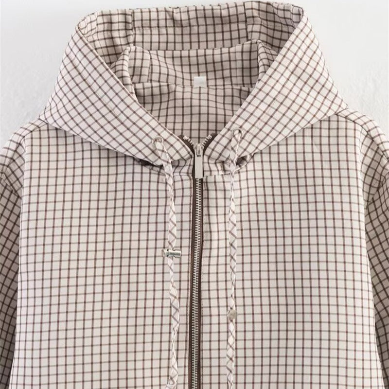 Women's Cropped Puffer Jacket with Hood, Drawstring and Check Pattern Fashion Glam
