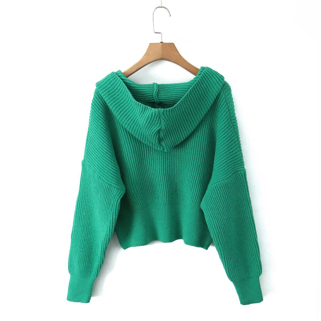 Women's Short Ribbed Knit Cardigan with Wide Hood Collar and Patch Pockets Fashion Glam