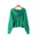 Women's Short Ribbed Knit Cardigan with Wide Hood Collar and Patch Pockets Fashion Glam