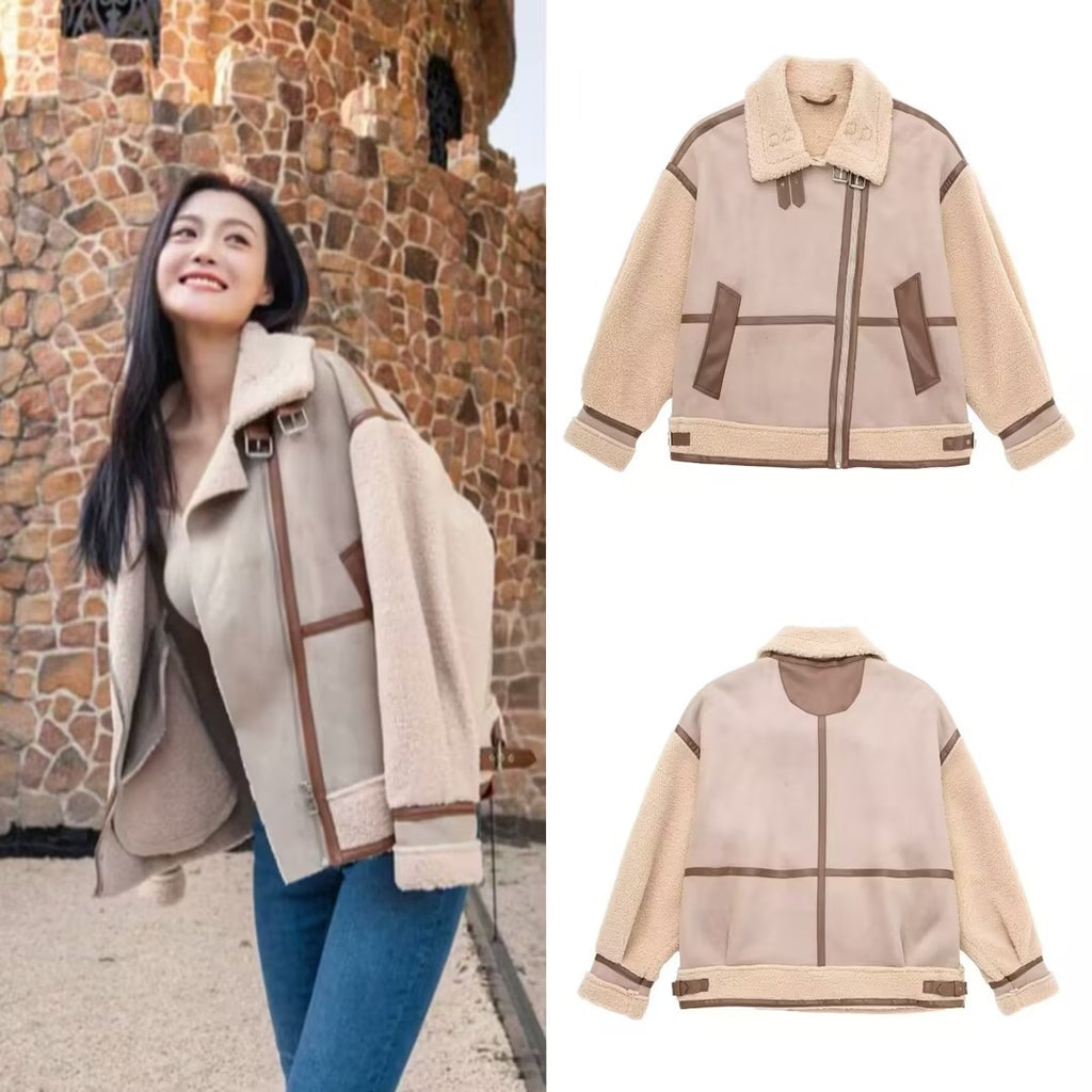 Women's Oversized Flight Jacket with Teddy Lining, Asymmetrical Zip and Faux Leather Details Fashion Glam