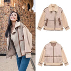 Women's Oversized Flight Jacket with Teddy Lining, Asymmetrical Zip and Faux Leather Details Fashion Glam
