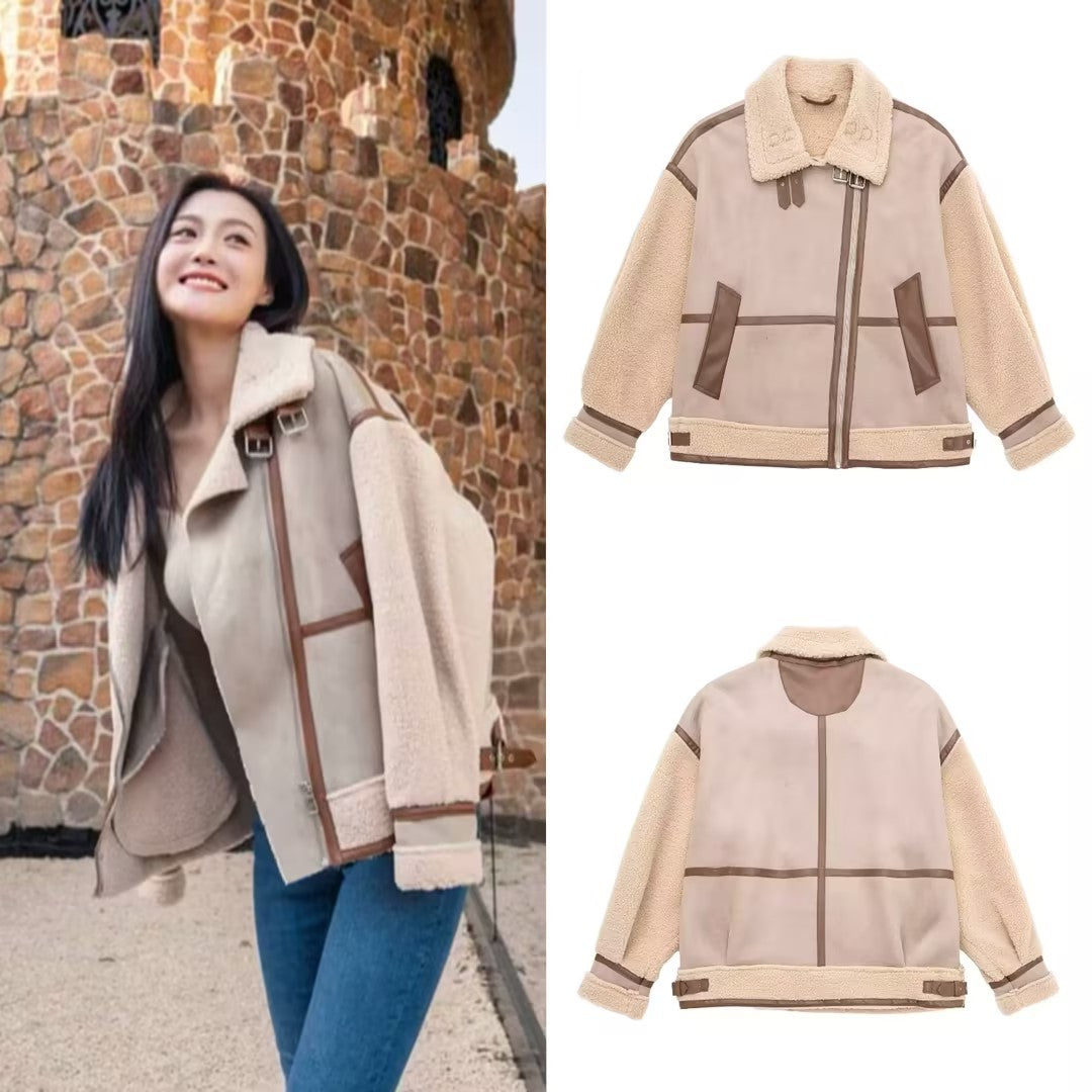 Women's Oversized Flight Jacket with Teddy Lining, Asymmetrical Zip and Faux Leather Details Fashion Glam