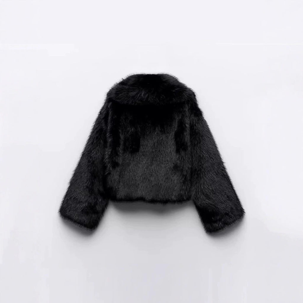 Women Short Cropped Faux Fur Blouson with Voluminous Shawl Collar and Soft Inner Lining Fashion Glam