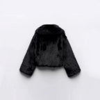 Women Short Cropped Faux Fur Blouson with Voluminous Shawl Collar and Soft Inner Lining Fashion Glam