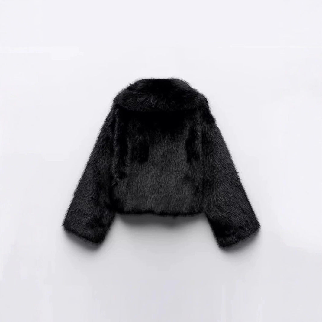 Women Short Cropped Faux Fur Blouson with Voluminous Shawl Collar and Soft Inner Lining Fashion Glam