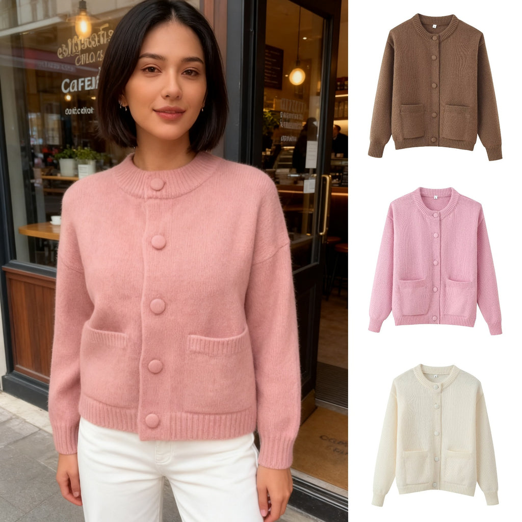 Women Oversize Knit Cardigan with Decorative Buttons and Patch Pockets Fashion Glam