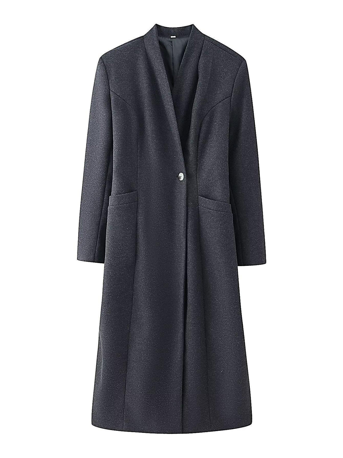 Ladies Elegant Wool Blend Long Coat with Shawl Collarless Look and Single Button Closure Fashion Glam