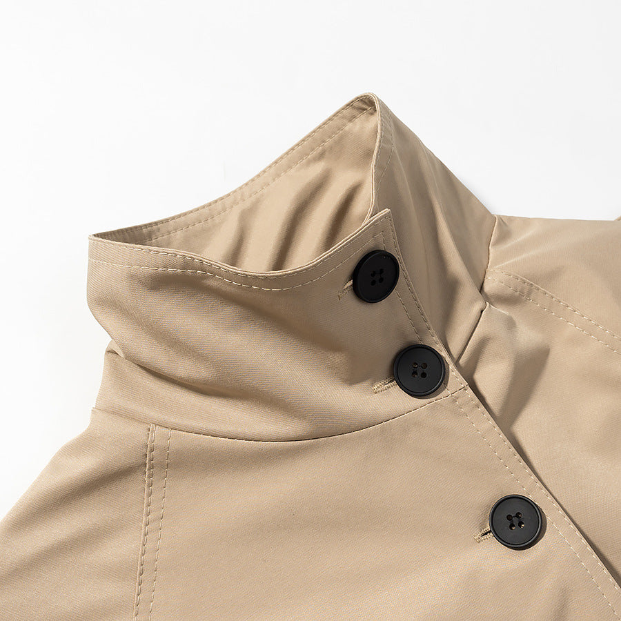 Women's Short Tailored Trench Coat with High Stand Collar and Tie Belt Fashion Glam