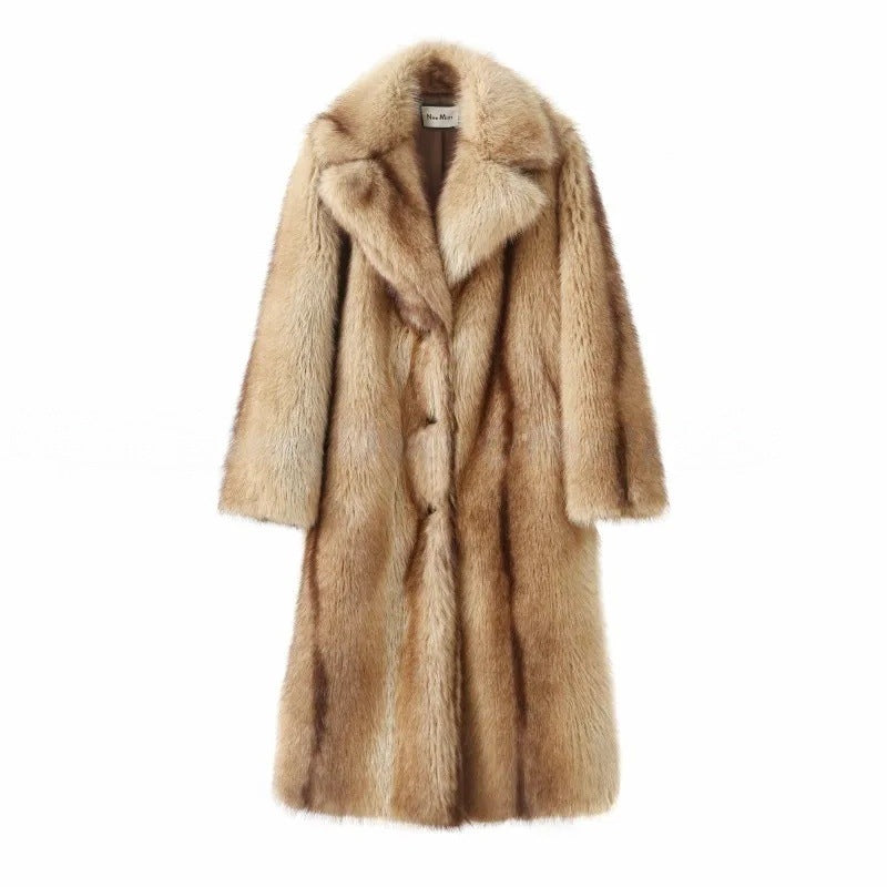 Ladies Long High-Pile Faux Fur Coat with Lapel Collar Fashion Glam