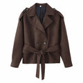 Women's Cropped Trench Coat in Suede Look with Ties and Epaulettes Fashion Glam