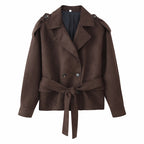 Women's Cropped Trench Coat in Suede Look with Ties and Epaulettes Fashion Glam