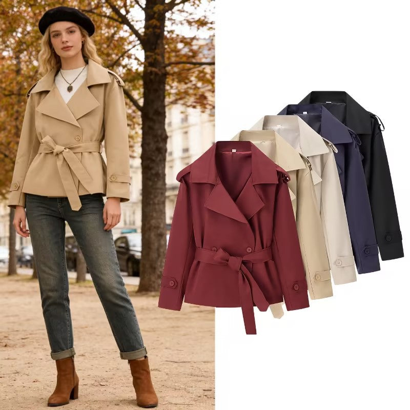 Women's Short Cut Tailored Trench Coat with Tie Belt and Epaulettes Fashion Glam