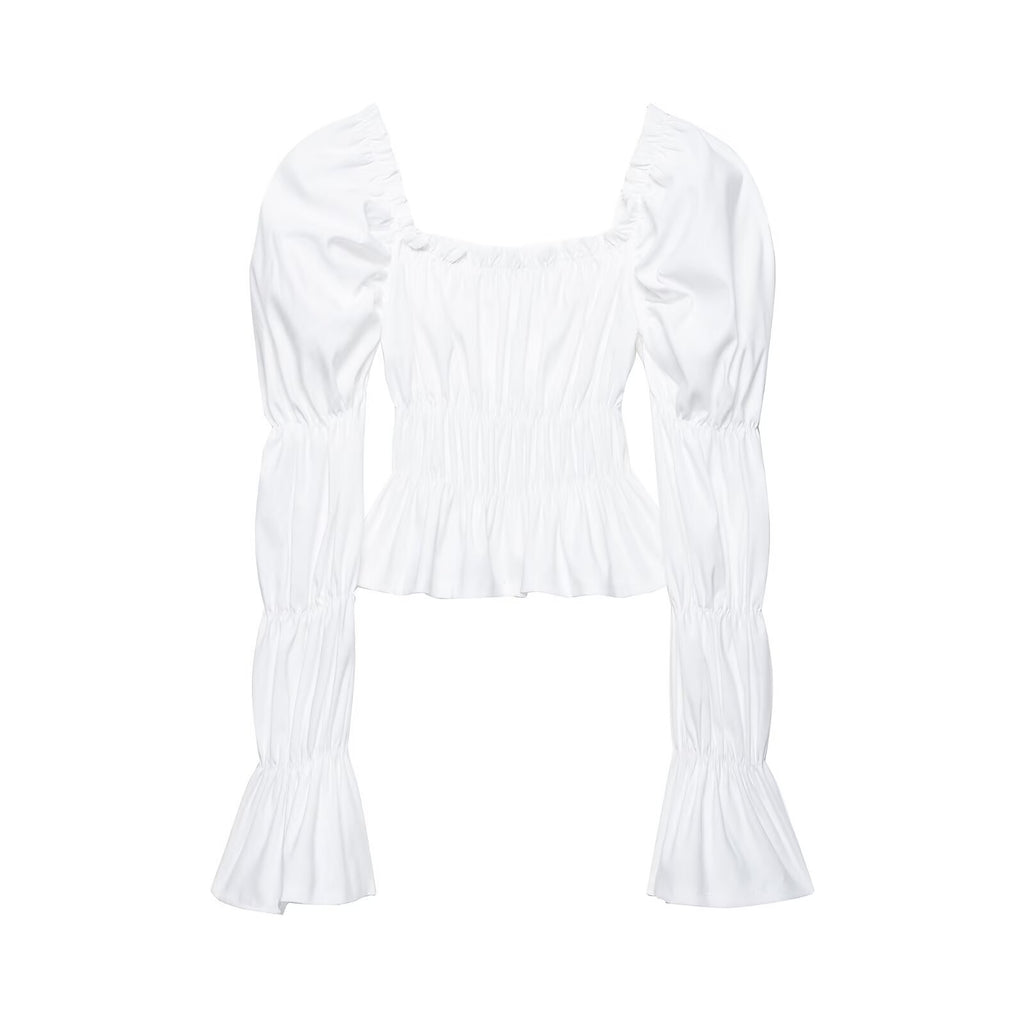 Women's Ruched Carmen Crop Top with Puff Sleeves, Smocked Waist and Tiered Sleeves Fashion Glam